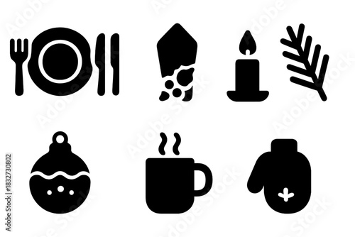 Christmas Tabletop Icons. Christmas tabletop scene. Filled icon set of Christmas tabletop scene: plate, knife,