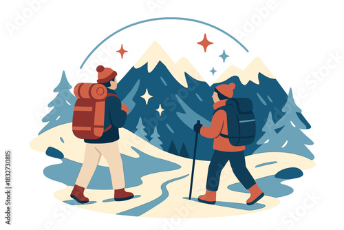 Snowy Mountain Exploration. Snowy mountain hike. Travelers with backpacks explore snow-laden trails, soft
