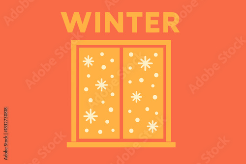 Snowy Window View. Window view with falling snow. Modern minimalist poster banner, bold sans-serif typography,