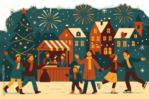European Winter Festivities. Winter festival in Europe. Tourists enjoy outdoor events, markets, and