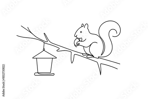 Minimalistic Squirrel Drawing. Frosty winter feeder. Minimalistic one-line drawing small squirrel clutching