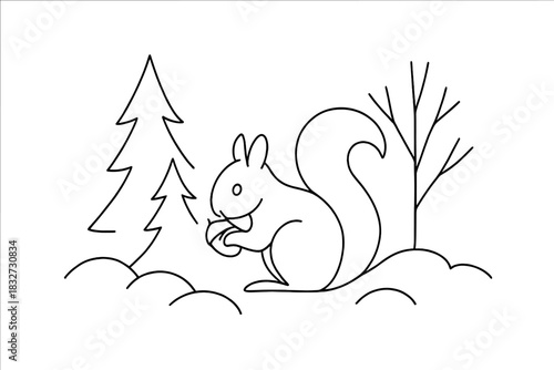 Minimalist Squirrel Design. Winter forest squirrel. Minimalistic one-line drawing squirrel nibbling on acorn