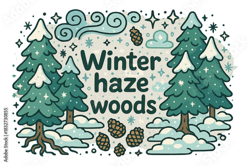 Winter Haze Woods. Winter haze woods. Hand-drawn doodle illustration of Winter haze woods. snow-covered pine