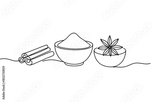 Minimalist Baking Ingredients. Baking ingredients with spices. Minimalistic one-line drawing of bowls with