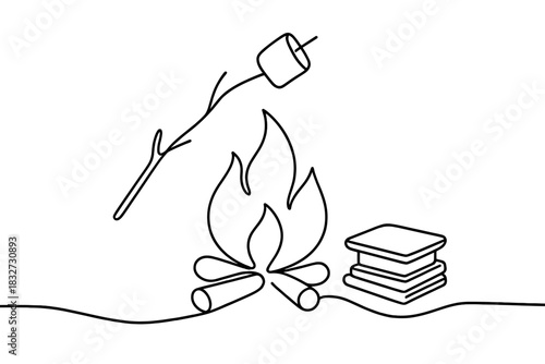 Minimalist Campfire Treat. Campfire treat. Minimalistic one-line drawing roasting marshmallow on stick above