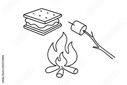 Minimalist Campfire S'more. Cozy campfire snack. Minimalistic one-line drawing assembled s’more with