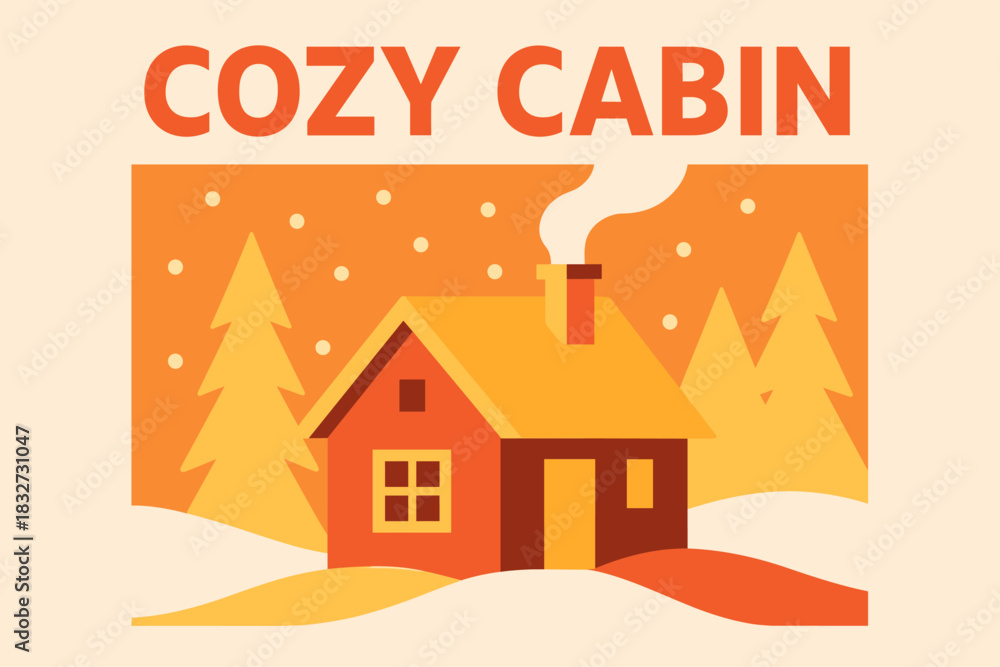 Fototapeta premium Minimalist Snowy Cabin. Cozy cabin in snowy woods. Modern minimalist poster banner, bold sans-serif typography