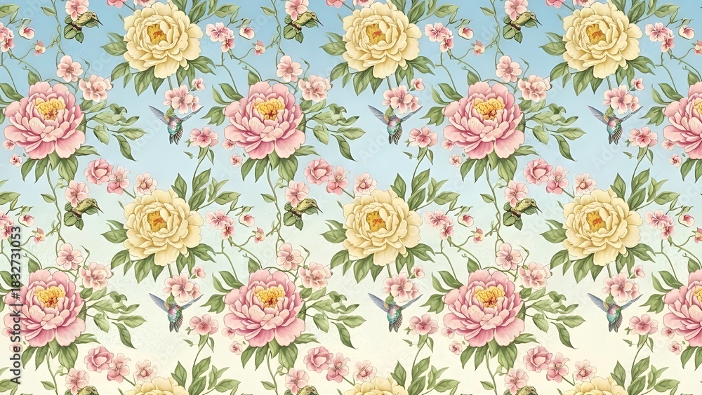 Obraz premium Seamless Floral Pattern: Vintage Peonies, Hummingbirds, and Delicate Blooms on a Gradient Background