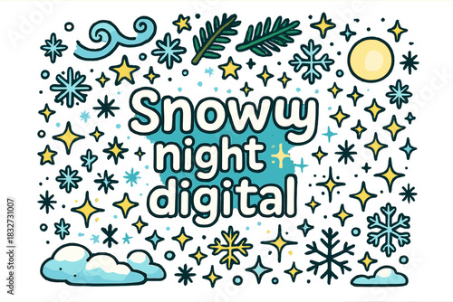 Snowy Night Doodle. Snowy night digital. Hand-drawn doodle illustration of Snowy night digital. snowflakes,