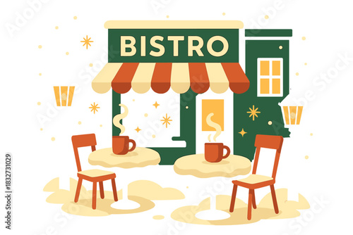 Winter Bistro Glow. Winter street bistro. Snow-covered tables, warm drinks, and soft glowing lanterns, tiny