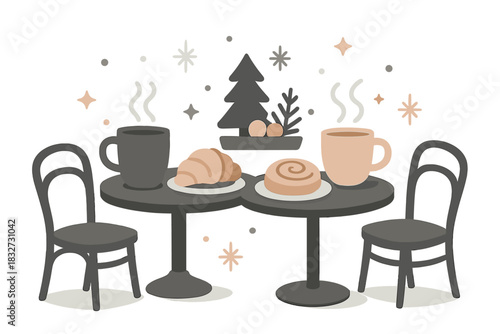 Cozy Winter Café. Holiday café moment. Tables set with warm drinks and pastries, soft snow falling, tiny