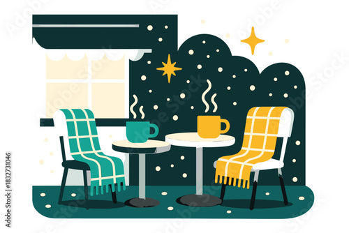 Cozy Winter Café. Winter terrace scene. Cozy café seating with steaming mugs, blankets draped over chairs,