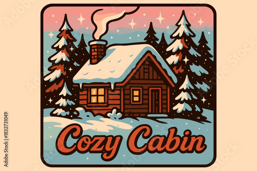 Retro Snowy Cabin. Cozy cabin in snowy woods. 70s poster vibe, icy pastel gradient, thick outlines, offset