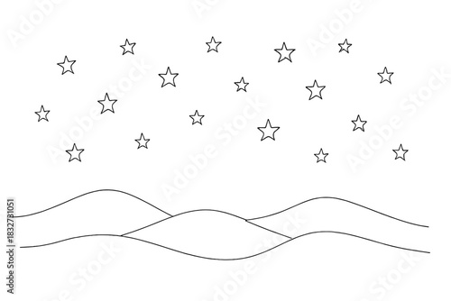 Minimalist Twinkling Sky. Twinkling winter sky. Minimalistic one-line drawing scattered star shapes above