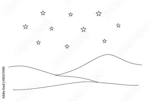 Snowy Night Elegance. Silent snowy night. Minimalistic one-line drawing scattered stars over quiet
