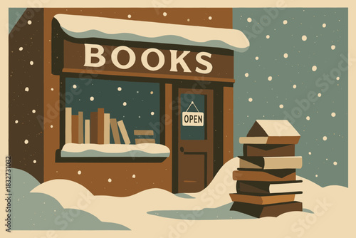 Winter Book Display. Winter book browsing minimalist flat illustration of small angular books stacked outside
