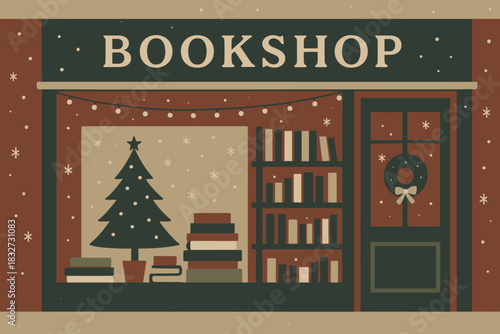 Holiday Bookshop Glow. Holiday bookshop scene minimalist flat illustration of a bookstore decorated with