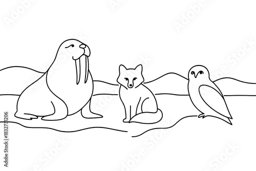 Minimalist Arctic Animals. Ice habitat animals. Minimalistic one-line drawing walrus, arctic fox, and snowy