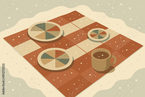 Retro Winter Picnic. Snow-covered blanket minimalist flat illustration of picnic blanket with geometric plates