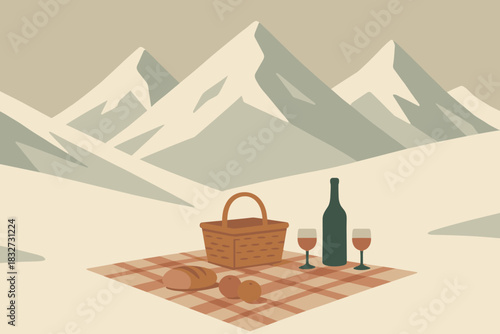 Minimalist Snow Picnic. Mountain snow picnic minimalist flat illustration of angular snow hills with a small
