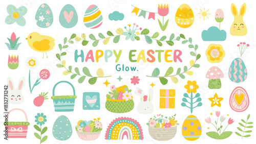 A vibrant collection of easter themed illustrations featuring cute bunnies chicks colorful eggs flowers baskets and a rainbow with the text happy easter glow