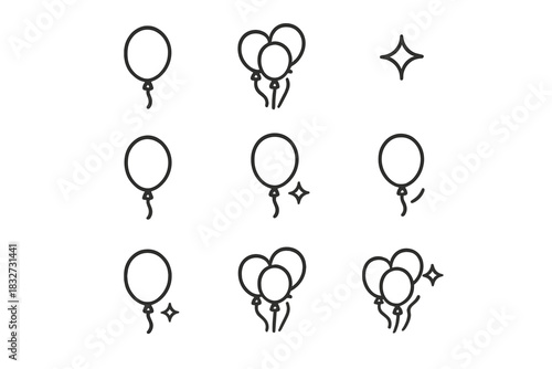 Floating Balloon Icons. Floating balloons. Line outline icon set of Floating balloons: single balloon, cluster