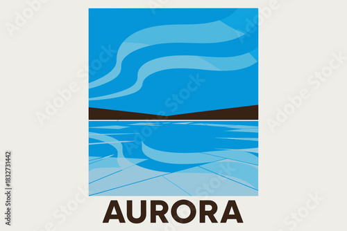 Minimalist Aurora Reflection. Aurora reflected on frozen lake. geometric sans heavy, flat fills, long angled
