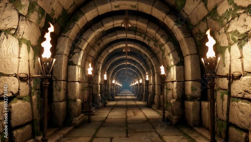 Cinematic 4K animation of a luxurious ancient style stone tunnel with torches and decorative arches creating a mysterious and cinematic environment ideal for movie style fantasy or architectural