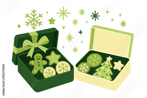 Festive Cookie Unboxing. Holiday cookie package. Open gift boxes reveal decorated cookies, snowflakes and