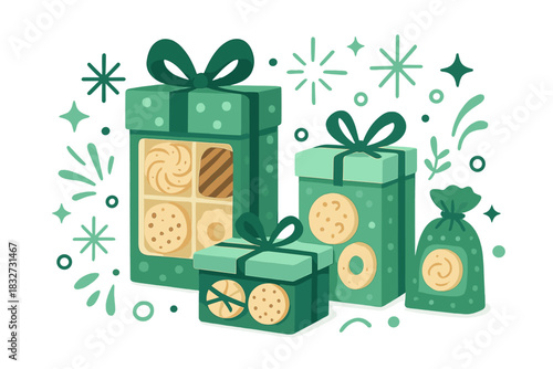 Festive Cookie Gift Packs. Cookies ready for gifting. Assorted biscuits in colorful packaging, tiny spark arcs