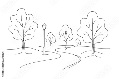 Minimalist Snowy Park. Snowy urban park. Minimalistic one-line drawing park trees, lamp posts, and walking