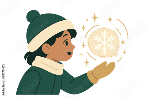 Enchanting Snowflake Observation. Magical snow play. Child with mittens observes glowing snowflake, tiny spark