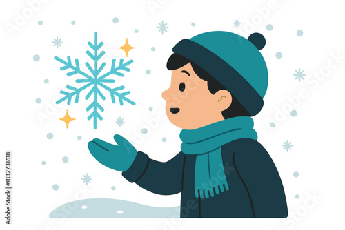 Magical Winter Discovery. Winter wonder. A glowing snowflake floats near a child, snowflakes drift softly