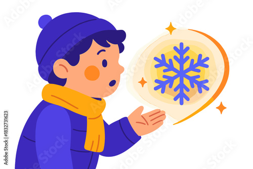 Magical Snowflake Encounter. Snowflake discovery. A glowing snowflake levitates near a curious child, soft