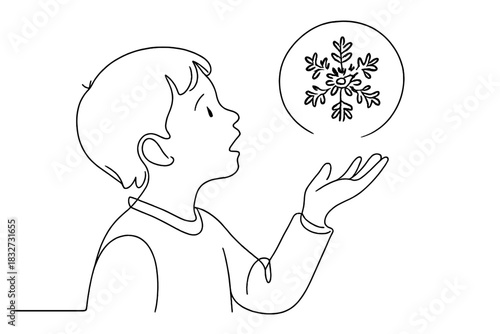 Child Gazes Snowflake. Enchanting snowflake scene. Minimalistic one-line drawing child amazed by hovering