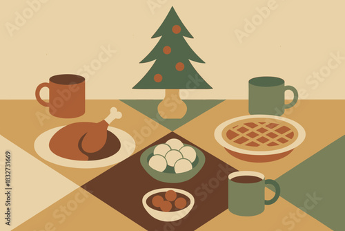 Minimalist Holiday Banquet. Minimal holiday banquet minimalist flat illustration of stylized dishes, mugs, and