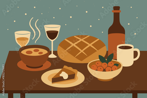 Minimal Winter Feast. Winter gathering table minimalist flat illustration of a table with food items,