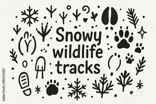 Snowy Wildlife Tracks. Snowy wildlife tracks. Hand-drawn doodle illustration of Snowy wildlife tracks. Central