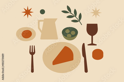 Minimalist Winter Banquet. Minimal winter banquet minimalist flat illustration of geometric tableware, food