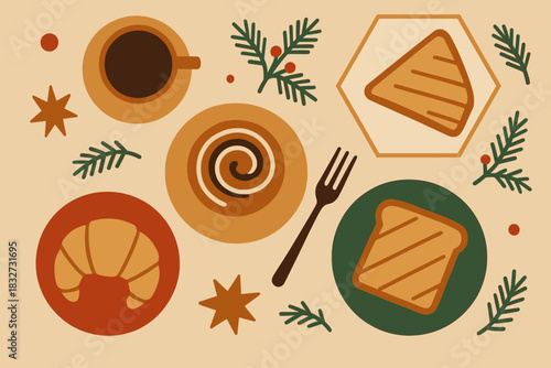 Retro Holiday Brunch. Holiday brunch flat lay minimalist flat illustration of top-down view of geometric