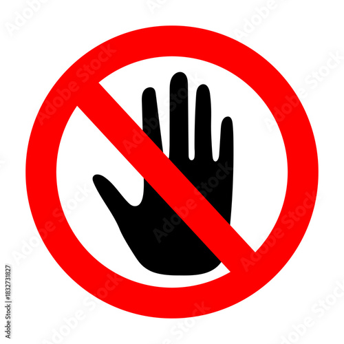 Prohibition hand sign in striking red warns against unauthorized entry. Clear stop symbol communicates danger, restricted access, and forbidden touch zones effectively.