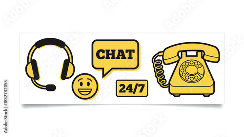 Customer Service Sticker Sheet with Headphones, Chat Bubble, Phone, 24/7 Availability