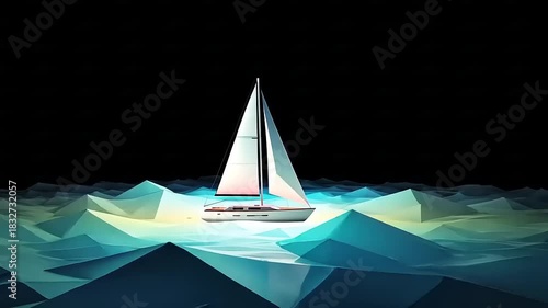 A solitary sailboat navigates abstract geometric ocean waves under a dark sky.