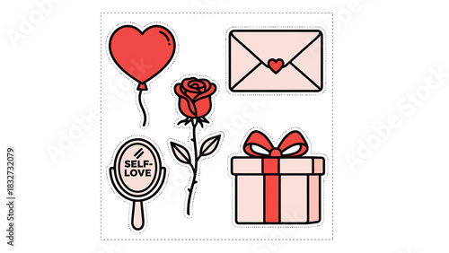 Valentine's Day Icon Set Heart Balloon, Rose, Mirror, Envelope, and Gift Box for Romance
