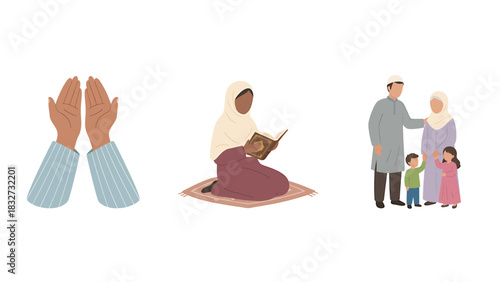 Diverse Muslim Family Illustrations Prayer, Quran, Togetherness