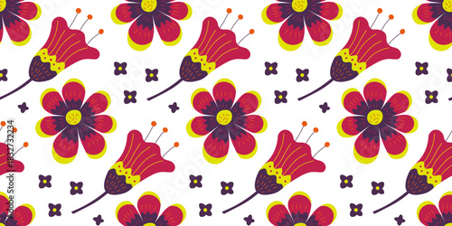Seamless botanical pattern with red and violet flowers on a white background for wallpaper, textiles, fabric and wrapping paper.