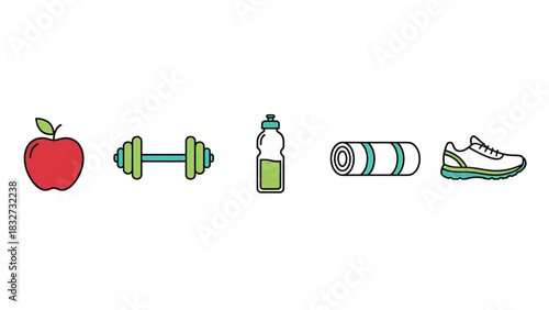 Fitness and health icons A collection of workout gear, healthy food, and exercise equipment