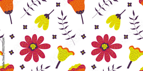 Seamless botanical pattern with red and yellow and orange flowers and violet leaves on a white background for wallpaper, textiles, fabric and wrapping paper.