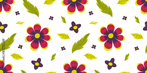 Seamless botanical pattern with flowers and green leaves on a white background for wallpaper, textiles, fabric and wrapping paper.