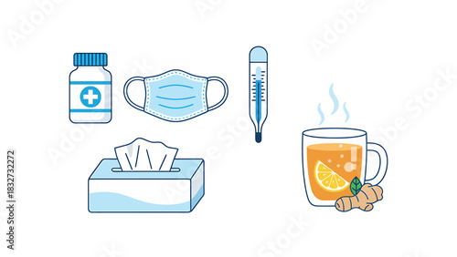 Collection of Icons Representing Cold and Flu Symptoms and Remedies